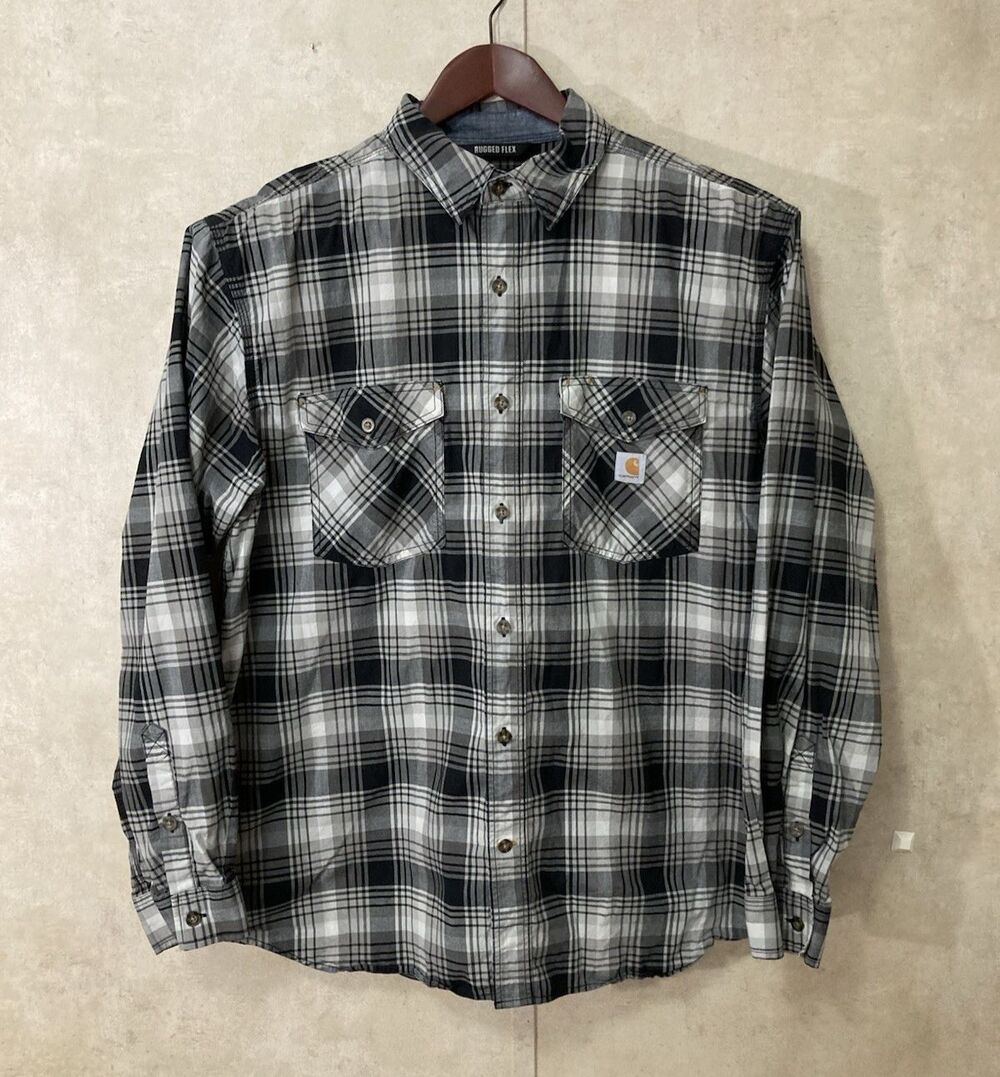 Carhartt Rugged Flex Shirt Men XL Black Gray Plaid Button Up Relaxed Workwear - Picture 2 of 9